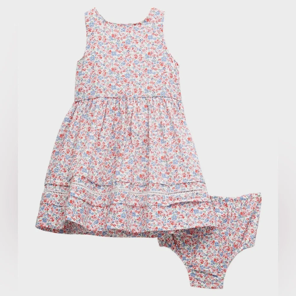 Ralph Lauren Floral-Print Seersucker Dress W/ Bloomers, 3M